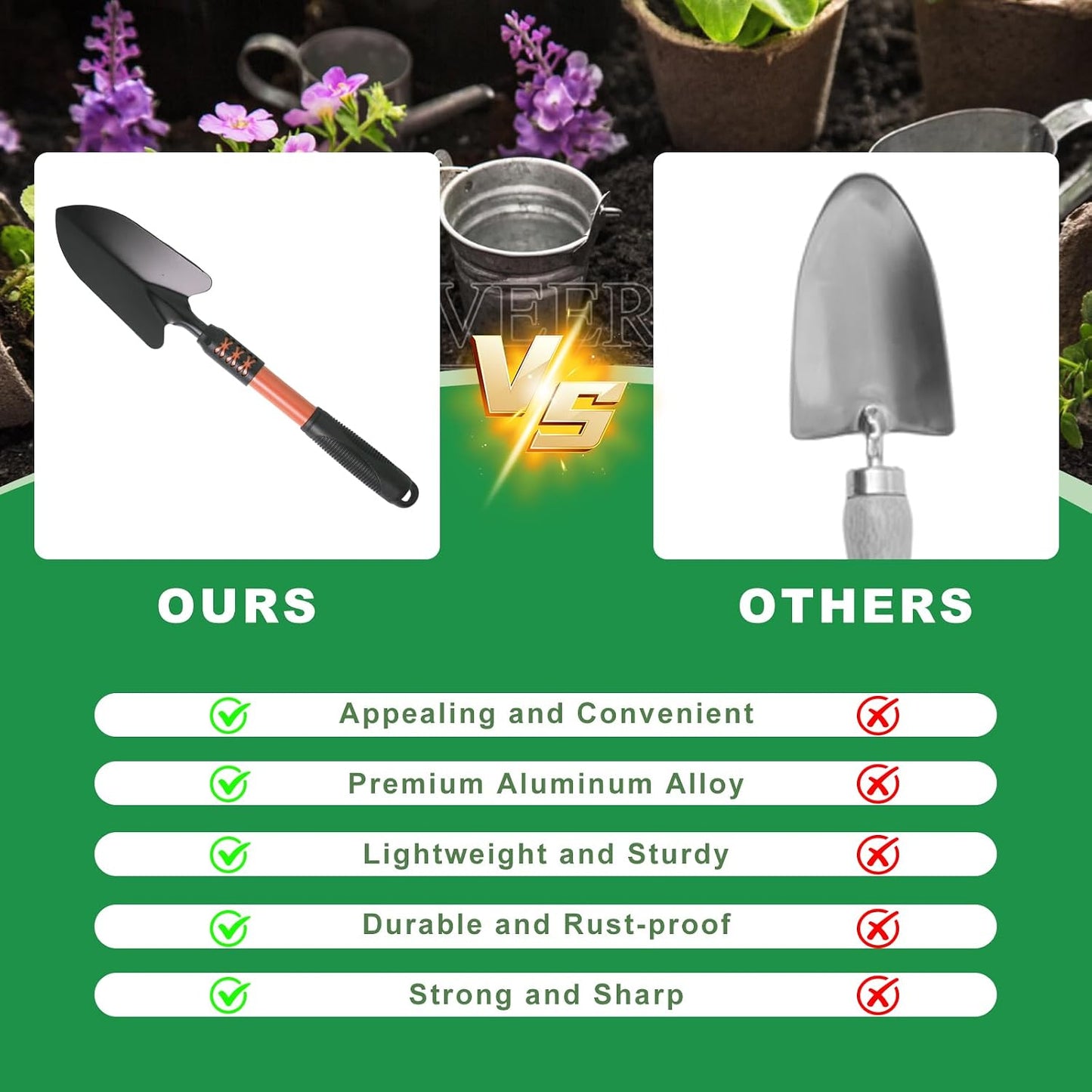 Gardening Tool, 3 Pack Lightweight Heavy Duty Spade Shovel, Garden Tools and Hand Rake with Soft Rubber Non-Slip Handle, for Gardenging Planting Weeding Digging, Green