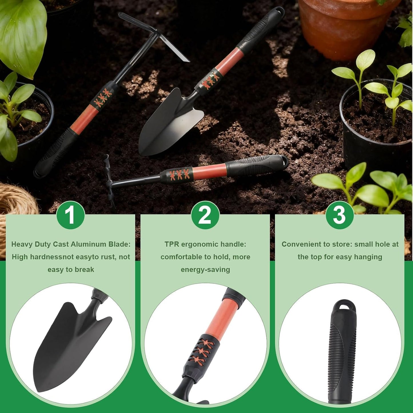 Gardening Tool, 3 Pack Lightweight Heavy Duty Spade Shovel, Garden Tools and Hand Rake with Soft Rubber Non-Slip Handle, for Gardenging Planting Weeding Digging, Green