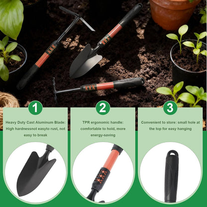 Gardening Tool, 3 Pack Lightweight Heavy Duty Spade Shovel, Garden Tools and Hand Rake with Soft Rubber Non-Slip Handle, for Gardenging Planting Weeding Digging, Green