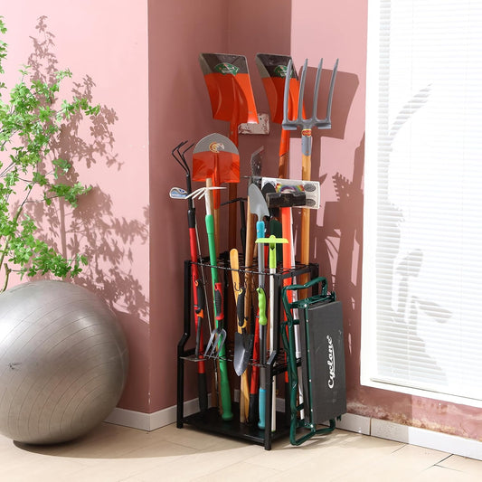Garden Tool Organizer Heavy Duty,Yard Tool Tower Rack,Garage Storage Organization for Long Handle Tools,Rake,Brooms,Extra Hooks for Small Shovel,Shear.All Metal,Free Standing.