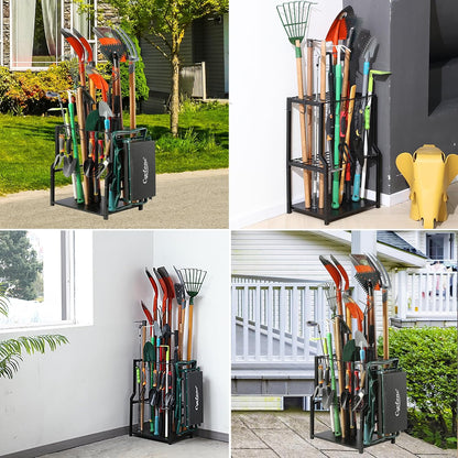 Garden Tool Organizer Heavy Duty,Yard Tool Tower Rack,Garage Storage Organization for Long Handle Tools,Rake,Brooms,Extra Hooks for Small Shovel,Shear.All Metal,Free Standing.