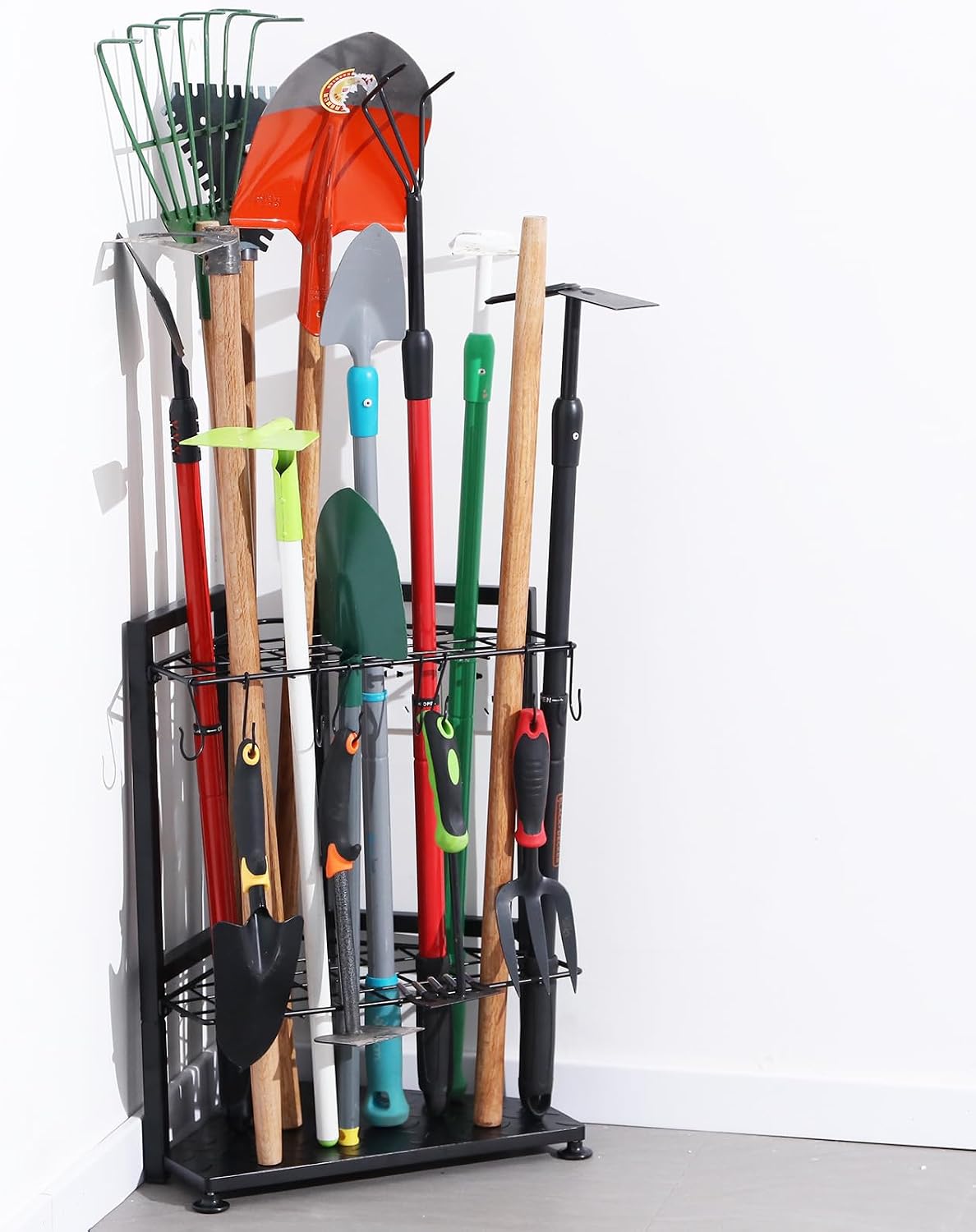 Garden Tool Organizer Heavy Duty,Yard Tool Tower Rack,Garage Storage Organization for Long Handle Tools,Rake,Brooms,Extra Hooks for Small Shovel,Shear.All Metal,Free Standing.