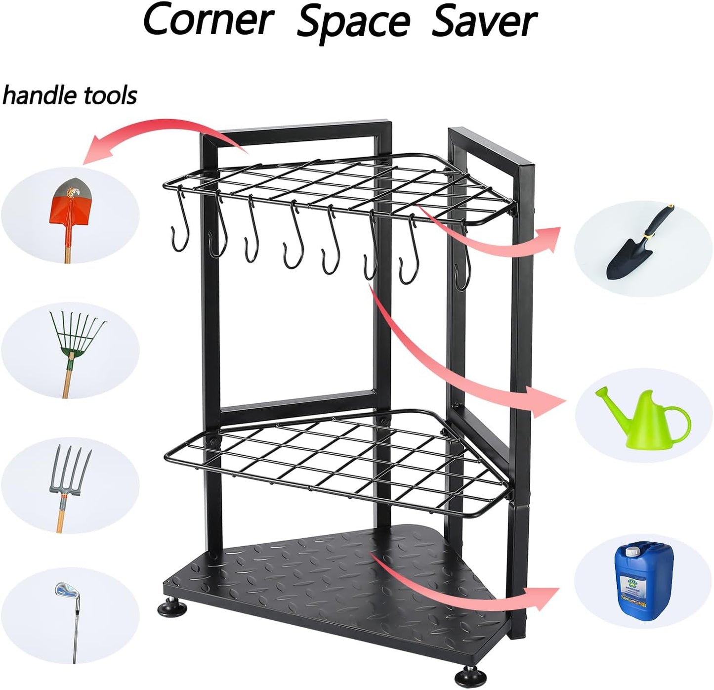 Garden Tool Organizer Heavy Duty,Yard Tool Tower Rack,Garage Storage Organization for Long Handle Tools,Rake,Brooms,Extra Hooks for Small Shovel,Shear.All Metal,Free Standing.