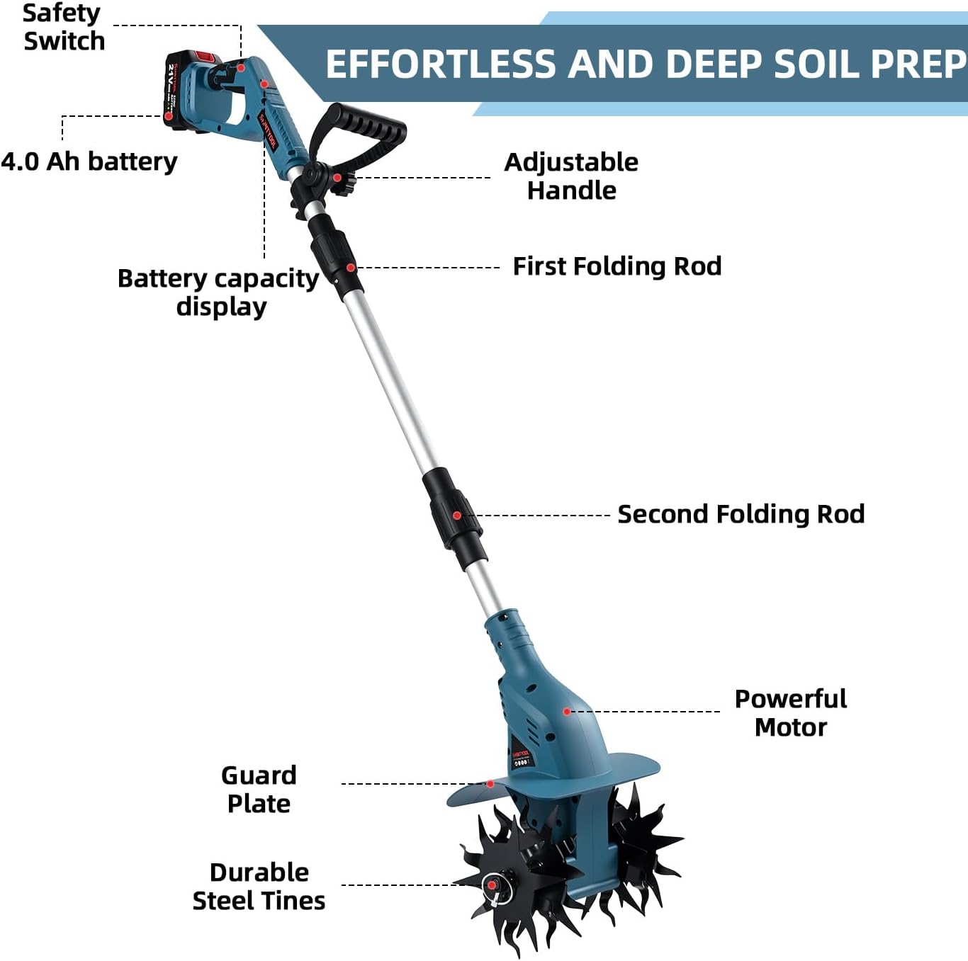 21v Cordless Tiller Cultivator with 4.0 Ah Battery and Charger