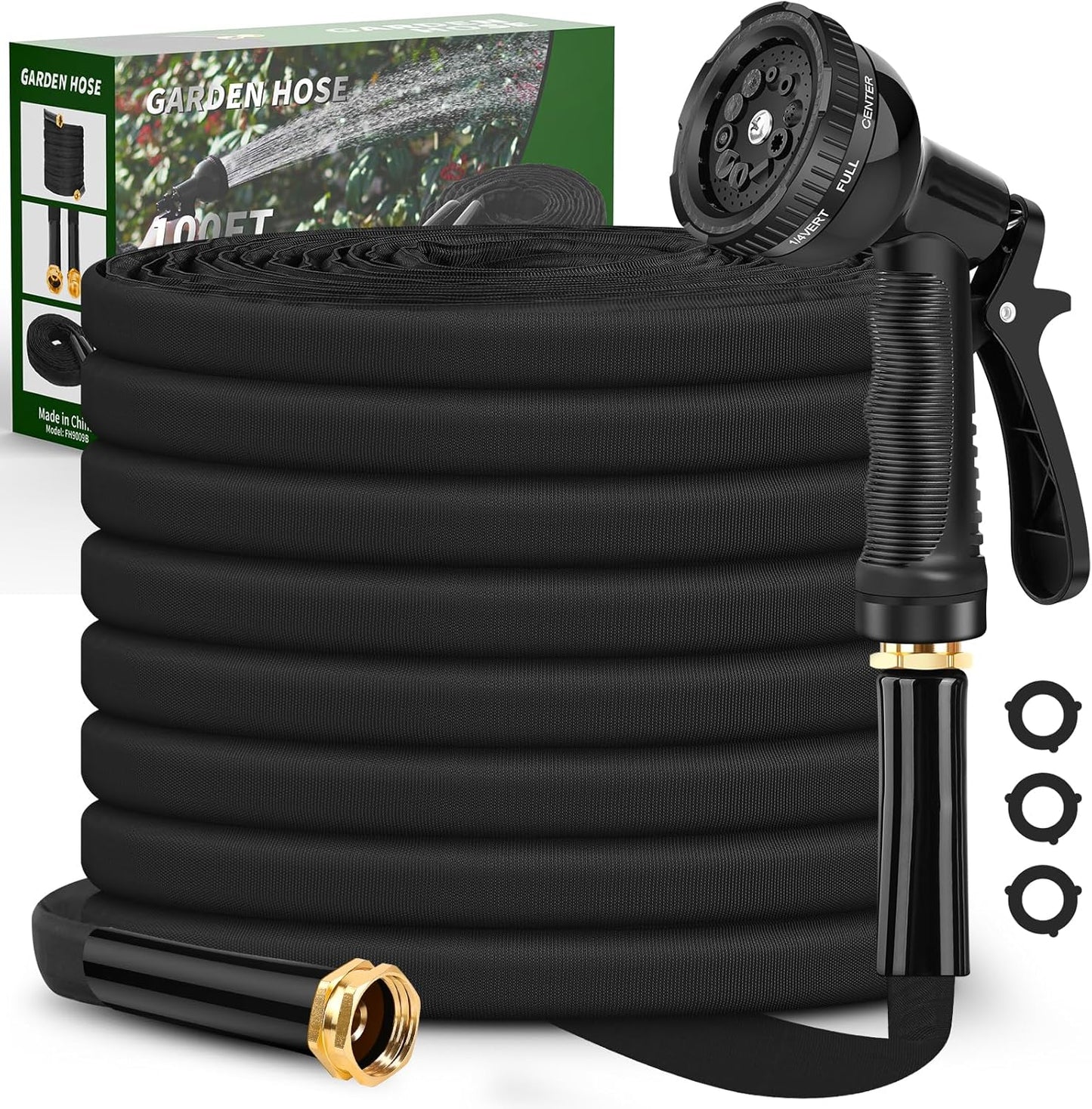 Garden Hose 100ft, 3/4GHT Non-Expanding Water Hose Lightweight, Flexible Garden Hose with 10 Function Nozzle, Kink-Free, Sturdy, High-Pressure, Abrasion Resistant Hoses for Yard, Garden