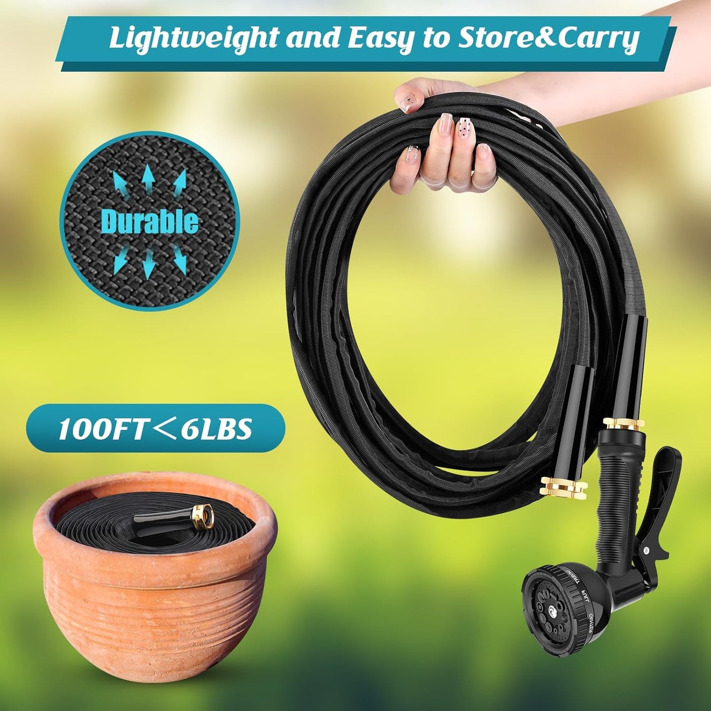 Garden Hose 100ft, 3/4GHT Non-Expanding Water Hose Lightweight, Flexible Garden Hose with 10 Function Nozzle, Kink-Free, Sturdy, High-Pressure, Abrasion Resistant Hoses for Yard, Garden