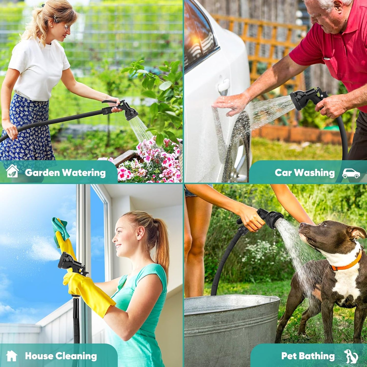 Garden Hose 100ft, 3/4GHT Non-Expanding Water Hose Lightweight, Flexible Garden Hose with 10 Function Nozzle, Kink-Free, Sturdy, High-Pressure, Abrasion Resistant Hoses for Yard, Garden