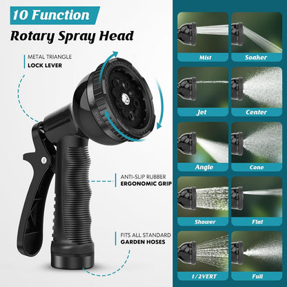Garden Hose 100ft, 3/4GHT Non-Expanding Water Hose Lightweight, Flexible Garden Hose with 10 Function Nozzle, Kink-Free, Sturdy, High-Pressure, Abrasion Resistant Hoses for Yard, Garden