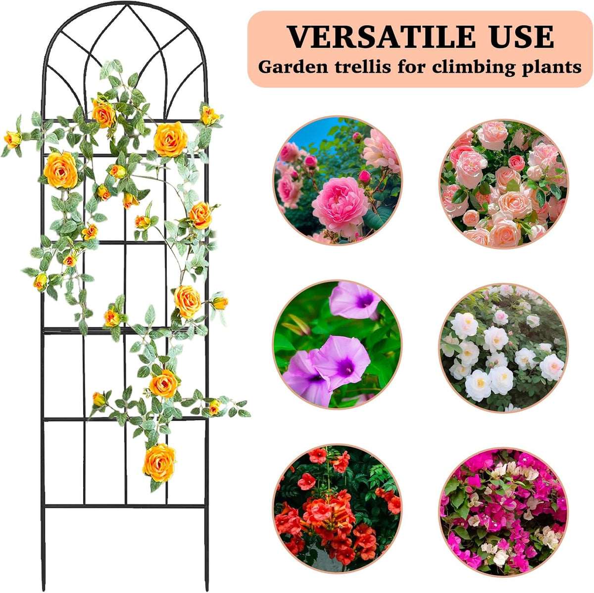 62"x15" Metal Garden Trellis, Black, Durable Powder-Coated, 2 Pack
