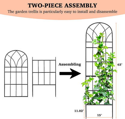 62"x15" Metal Garden Trellis, Black, Durable Powder-Coated, 2 Pack