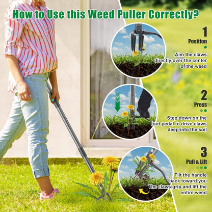 Weed Puller Tool, Stand Up Manual Weeder, Heavy Duty Garden Weeding Tool with 60 inch Long Handle,4 Claw Steel Head, Uprooting Dandelion Removal Gardening Tools for Lawn Grass Grabber