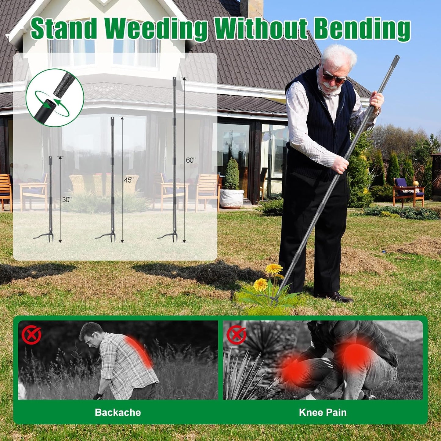 Weed Puller Tool, Stand Up Manual Weeder, Heavy Duty Garden Weeding Tool with 60 inch Long Handle,4 Claw Steel Head, Uprooting Dandelion Removal Gardening Tools for Lawn Grass Grabber