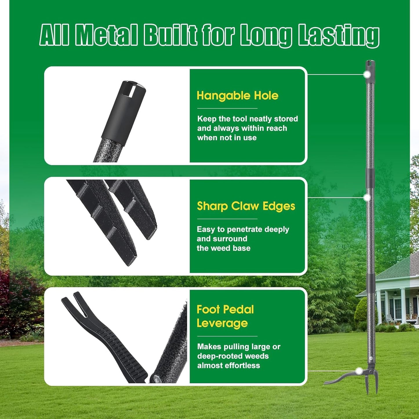 Weed Puller Tool, Stand Up Manual Weeder, Heavy Duty Garden Weeding Tool with 60 inch Long Handle,4 Claw Steel Head, Uprooting Dandelion Removal Gardening Tools for Lawn Grass Grabber