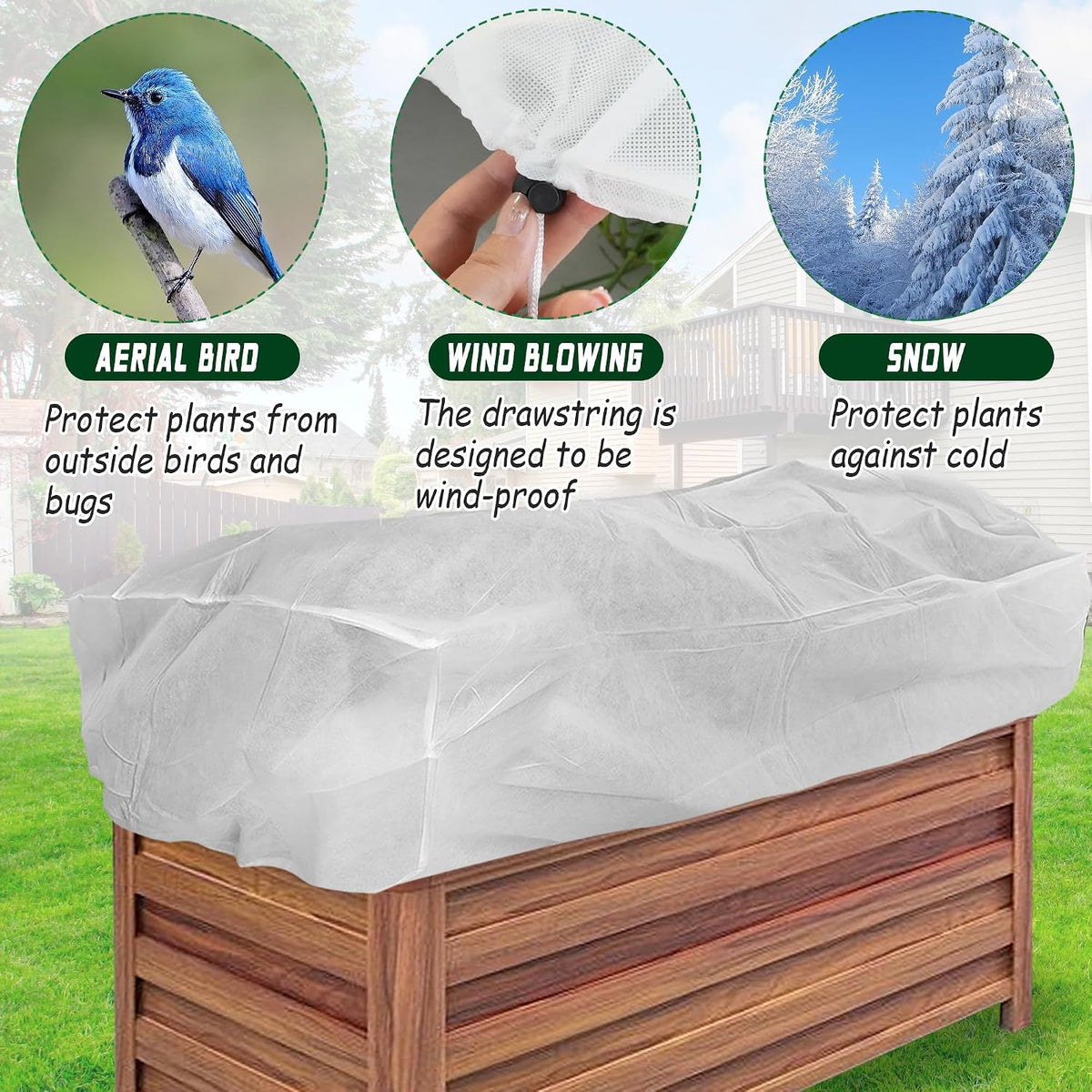 Rectangular Plant Cover Frost Big Size for 4×3×1FT Non Woven Fabric Garden Bed Cover with Zip Drawstring for Winter Cover Protection，Raised Beds Protect Plant Vegetable from Winter Frost