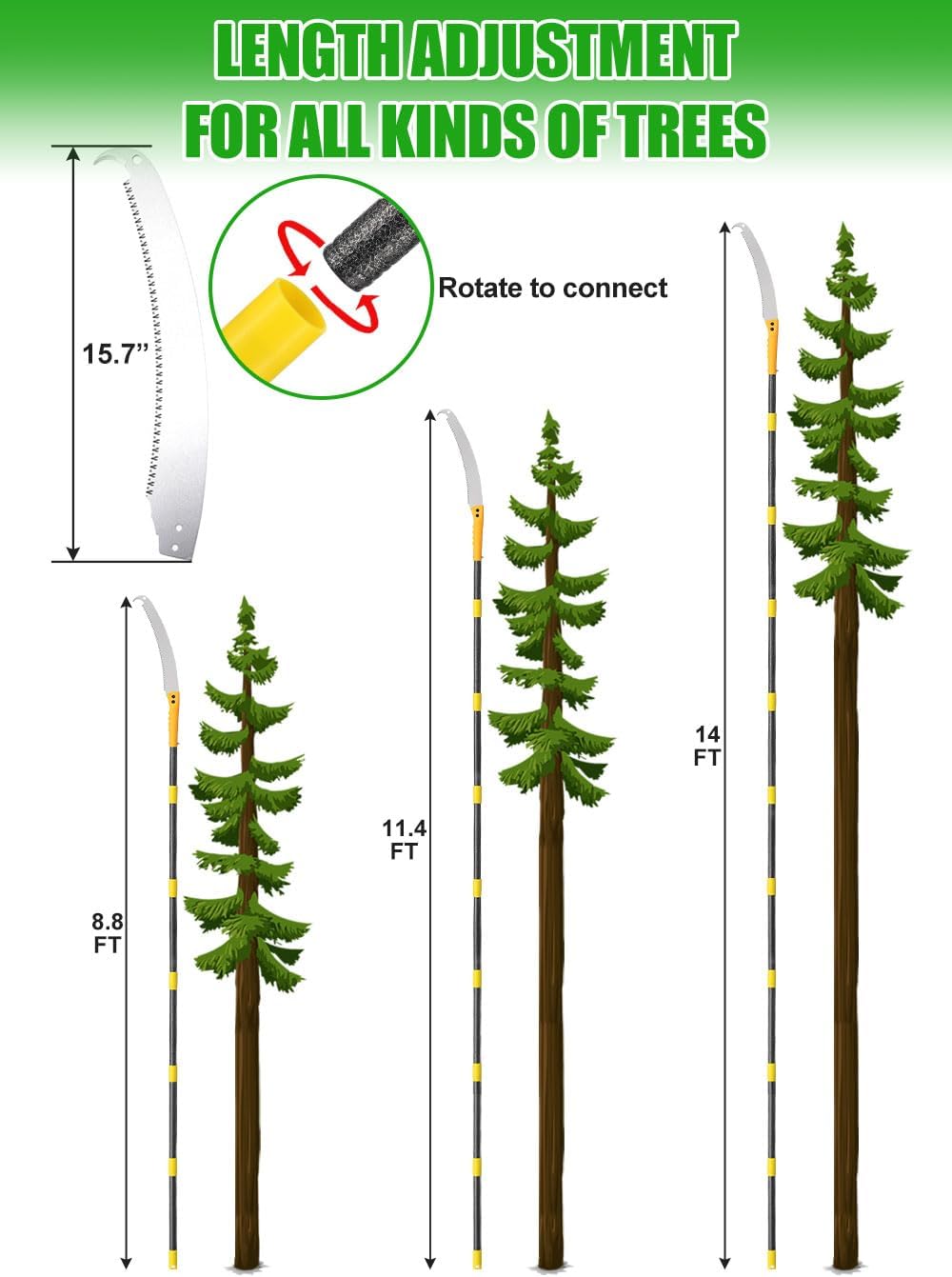 8.8FT Pole Saws for Tree Trimming: 2-in-1 Pole Saw With with Adjustable Length & Steel Blade Lightweight Manual Pruning Tool for Forestry Yard Garden Patio