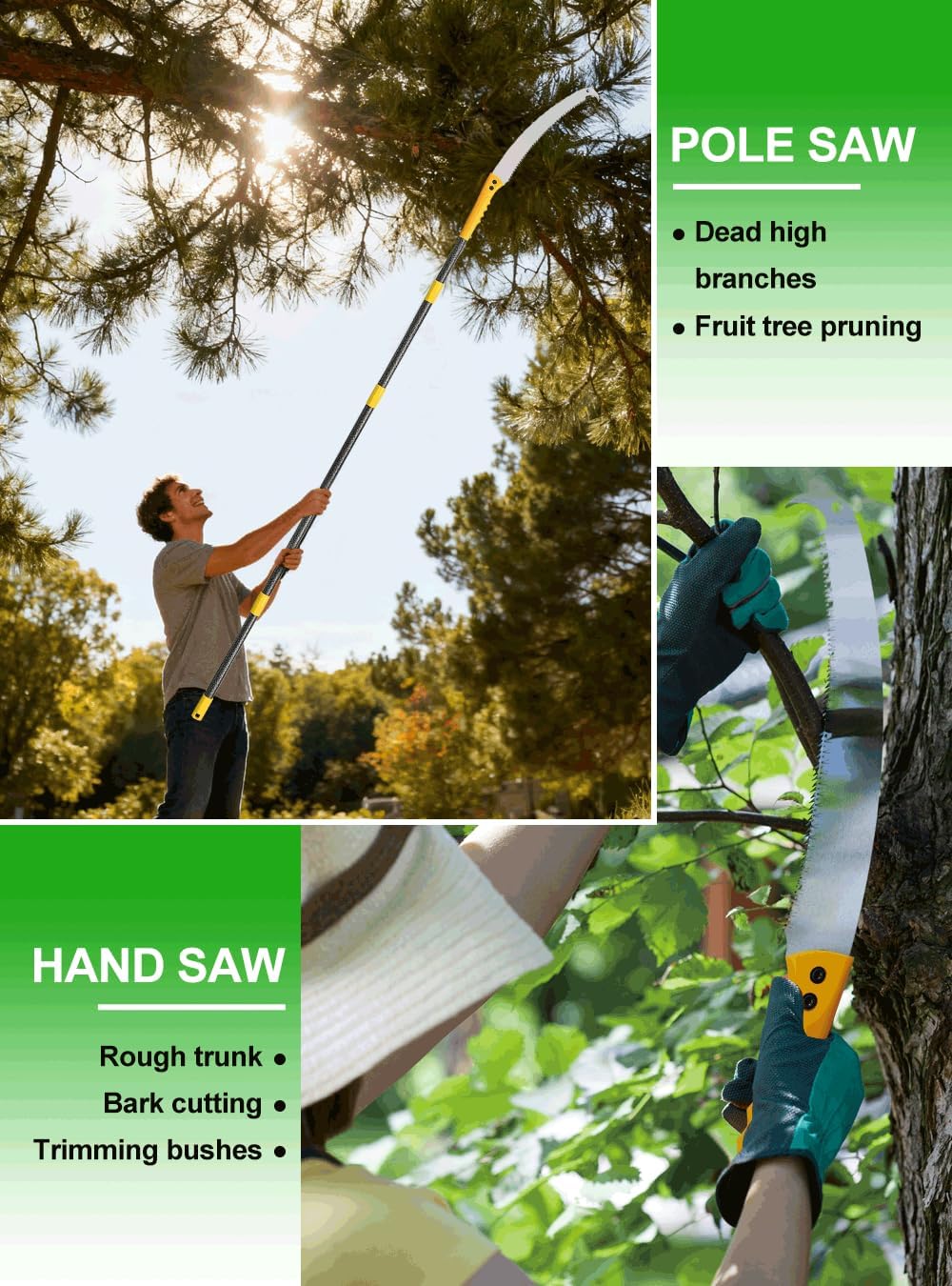 8.8FT Pole Saws for Tree Trimming: 2-in-1 Pole Saw With with Adjustable Length & Steel Blade Lightweight Manual Pruning Tool for Forestry Yard Garden Patio