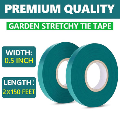 2 Pack x 150 ft Stretch Tie Tape Roll, 1/2" Garden Tie Tape, Thick Sturdy Plant Ribbon Garden Green Vinyl Stake Gardening Tools for Indoor Outdoor Patio Plant Use