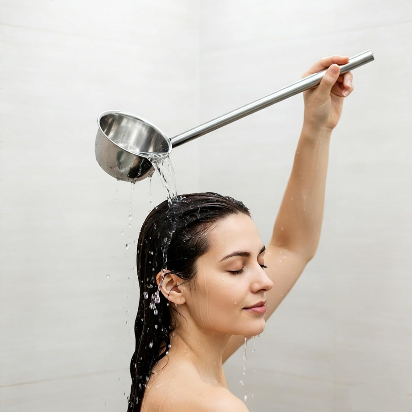 2 Pack Stainless Steel Water Ladle, 13.5" Metal Long Handle Water Dipper for Bath Rinse, Hair Washing Spoon Garden Watering Scoop for Bathroom Kitchen