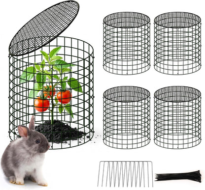 4 Sets of DIY Metal Plant Protectors from Deer, Garden Fencing Animal Barrier Size 11.8 * 12.9 inches, Mesh Plant Cage Chicken Wire Cloche for Plants with Stakes and Nylon Cables
