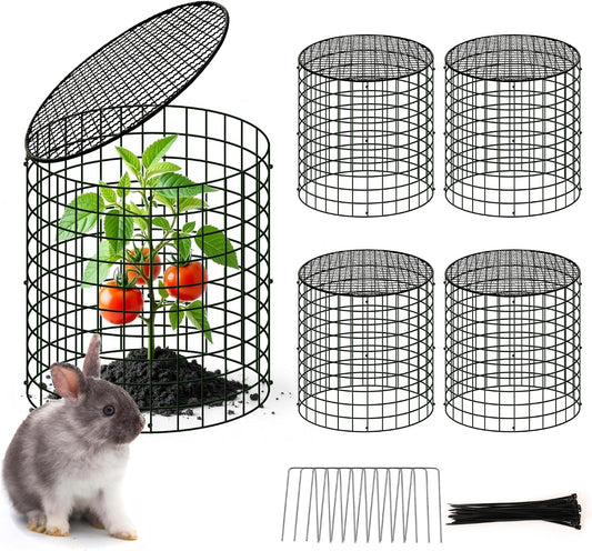 4 Sets of DIY Metal Plant Protectors from Deer, Garden Fencing Animal Barrier Size 11.8 * 12.9 inches, Mesh Plant Cage Chicken Wire Cloche for Plants with Stakes and Nylon Cables