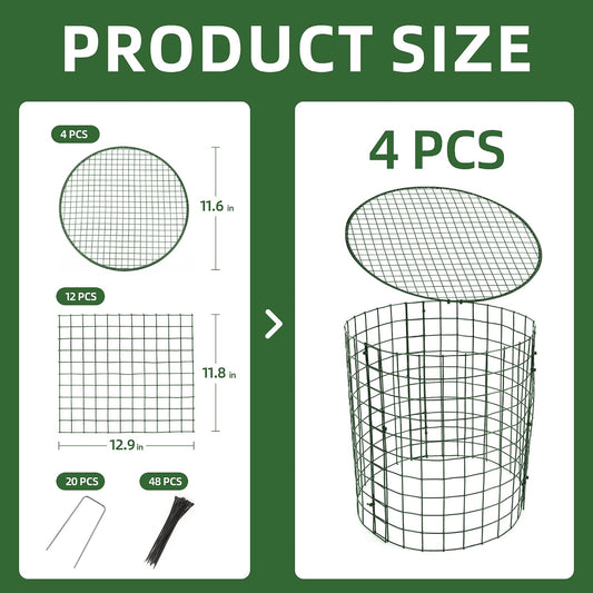 4 Sets of DIY Metal Plant Protectors from Deer, Garden Fencing Animal Barrier Size 11.8 * 12.9 inches, Mesh Plant Cage Chicken Wire Cloche for Plants with Stakes and Nylon Cables