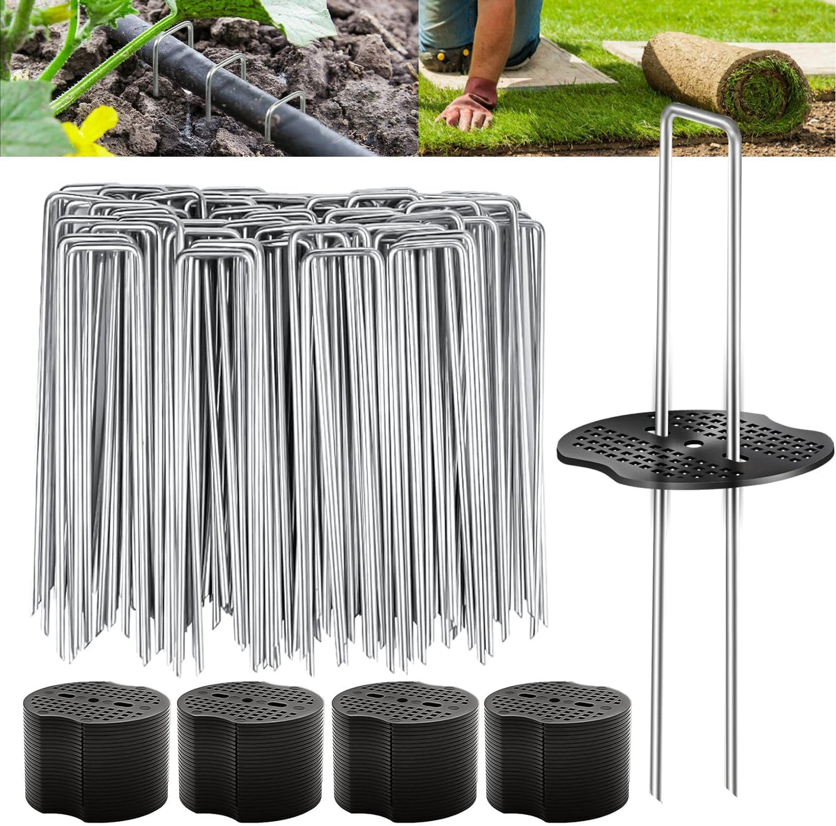 200PCS Garden Stakes Landscape Staples Set with Gasket, 11 Gauge