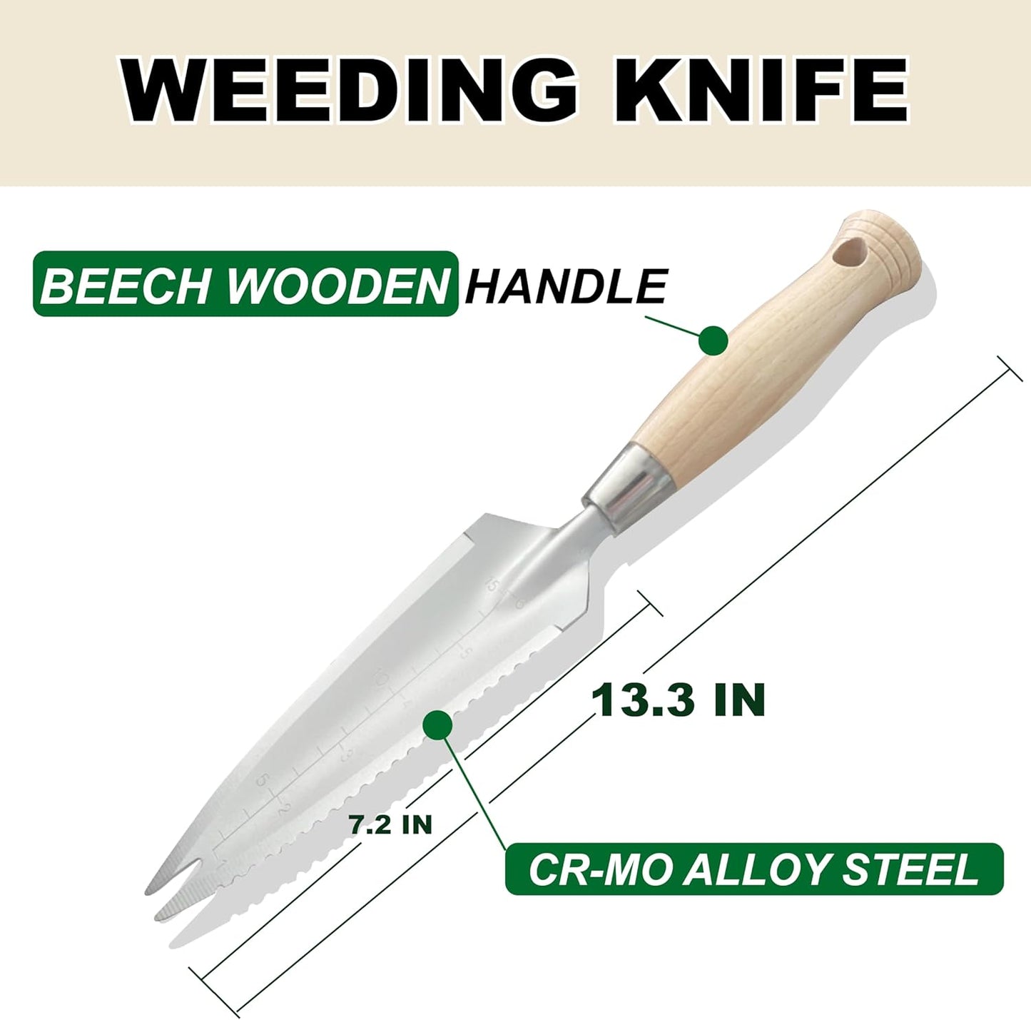 13.3" Alloy Steel Garden Trowel with Forked Tip and Depth Markings, Weeding Knife for Root Cutting, Transplanting, Digging, and Slit Weeding