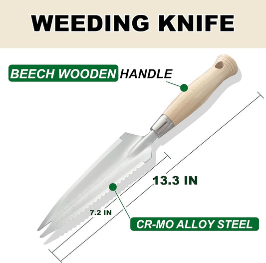13.3" Alloy Steel Garden Trowel with Forked Tip and Depth Markings, Weeding Knife for Root Cutting, Transplanting, Digging, and Slit Weeding