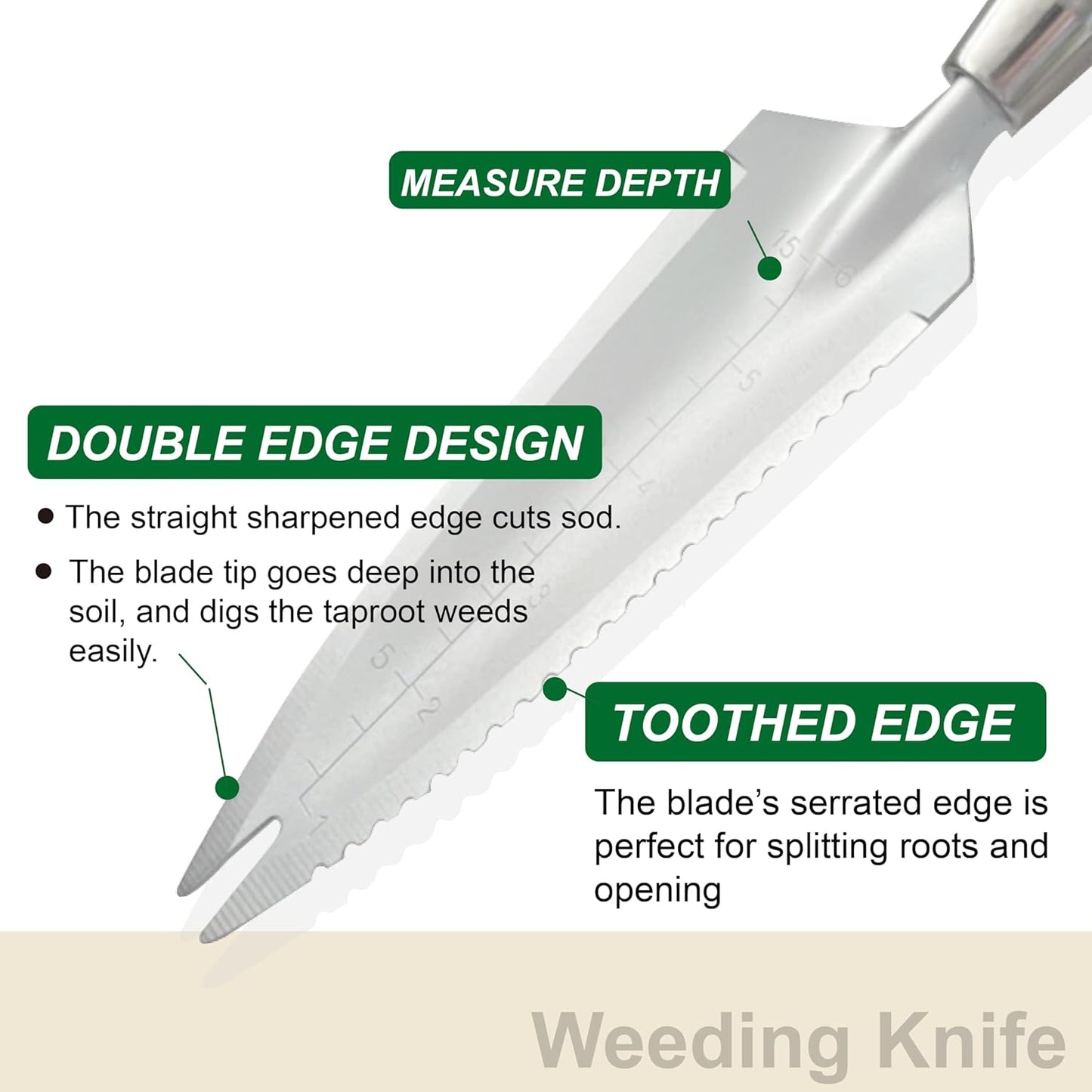 13.3" Alloy Steel Garden Trowel with Forked Tip and Depth Markings, Weeding Knife for Root Cutting, Transplanting, Digging, and Slit Weeding