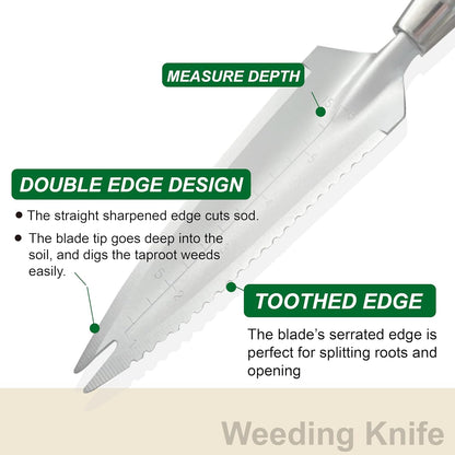 13.3" Alloy Steel Garden Trowel with Forked Tip and Depth Markings, Weeding Knife for Root Cutting, Transplanting, Digging, and Slit Weeding