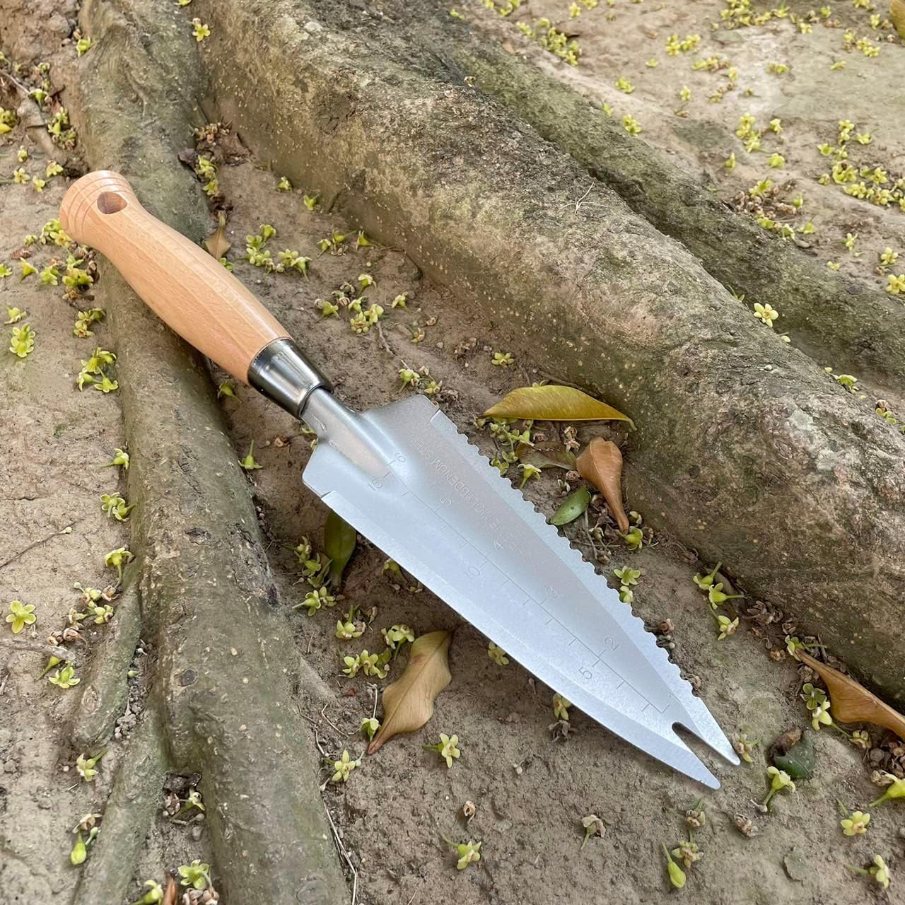 13.3" Alloy Steel Garden Trowel with Forked Tip and Depth Markings, Weeding Knife for Root Cutting, Transplanting, Digging, and Slit Weeding