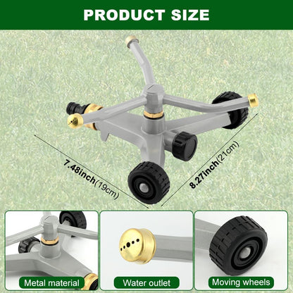 Metal Rotating Water Sprinkler for Lawn, 360 Degree Automatic Rotary Sprinkler, 3-Arm Metal Sprinkler with Wheel Base, Cover up to 1,384 Sq ft Quiet Operation for Yard Garden