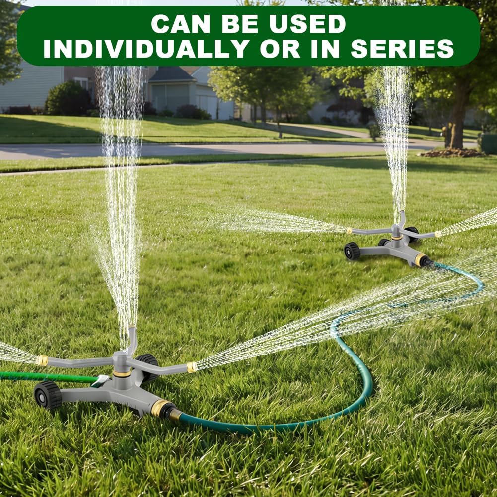 Metal Rotating Water Sprinkler for Lawn, 360 Degree Automatic Rotary Sprinkler, 3-Arm Metal Sprinkler with Wheel Base, Cover up to 1,384 Sq ft Quiet Operation for Yard Garden