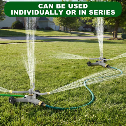 Metal Rotating Water Sprinkler for Lawn, 360 Degree Automatic Rotary Sprinkler, 3-Arm Metal Sprinkler with Wheel Base, Cover up to 1,384 Sq ft Quiet Operation for Yard Garden