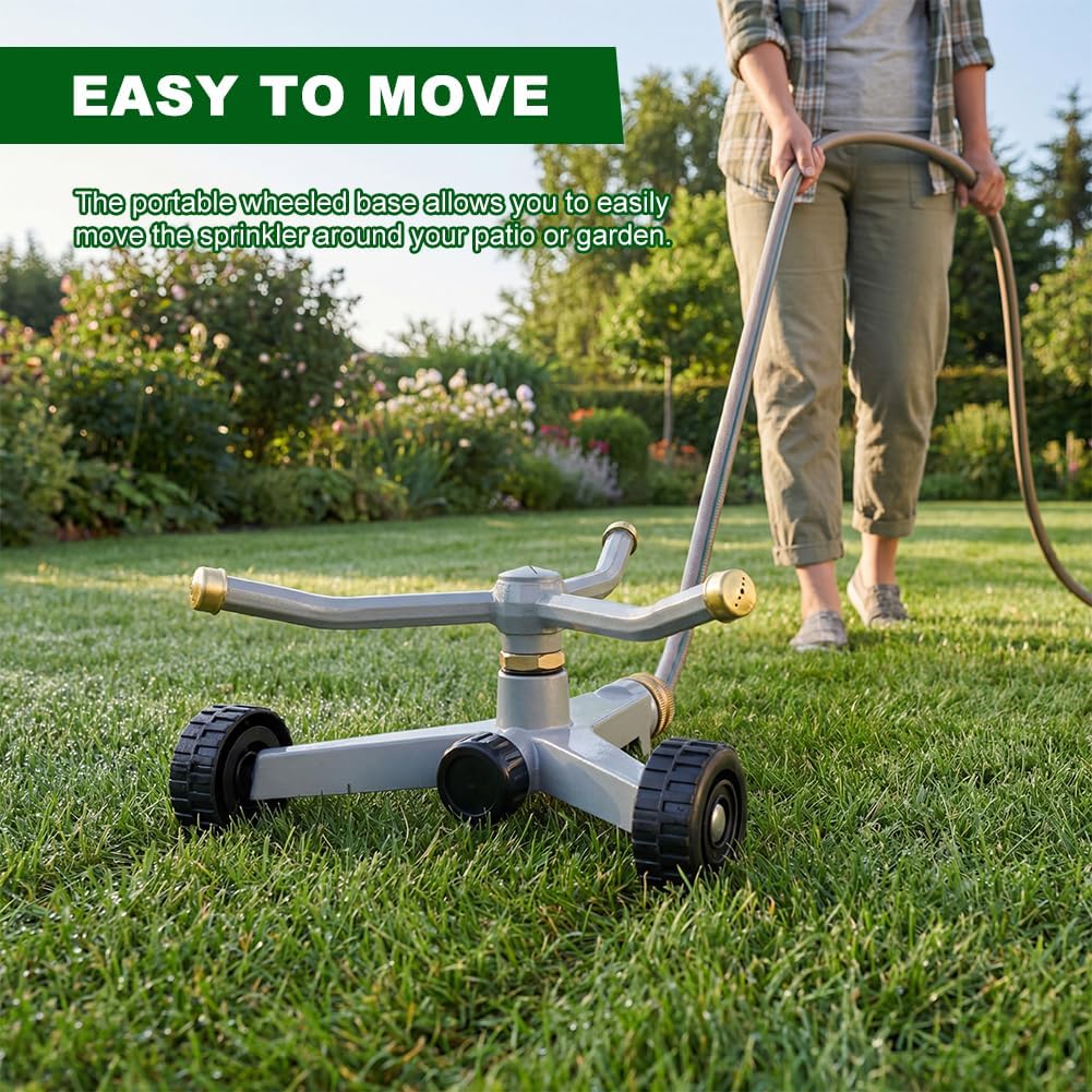 Metal Rotating Water Sprinkler for Lawn, 360 Degree Automatic Rotary Sprinkler, 3-Arm Metal Sprinkler with Wheel Base, Cover up to 1,384 Sq ft Quiet Operation for Yard Garden