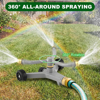Metal Rotating Water Sprinkler for Lawn, 360 Degree Automatic Rotary Sprinkler, 3-Arm Metal Sprinkler with Wheel Base, Cover up to 1,384 Sq ft Quiet Operation for Yard Garden