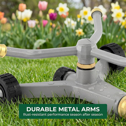 Metal Rotating Water Sprinkler for Lawn, 360 Degree Automatic Rotary Sprinkler, 3-Arm Metal Sprinkler with Wheel Base, Cover up to 1,384 Sq ft Quiet Operation for Yard Garden