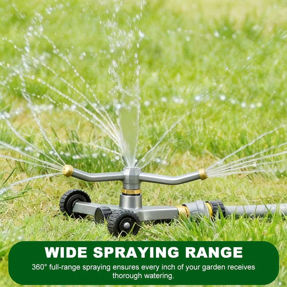 Metal Rotating Water Sprinkler for Lawn, 360 Degree Automatic Rotary Sprinkler, 3-Arm Metal Sprinkler with Wheel Base, Cover up to 1,384 Sq ft Quiet Operation for Yard Garden