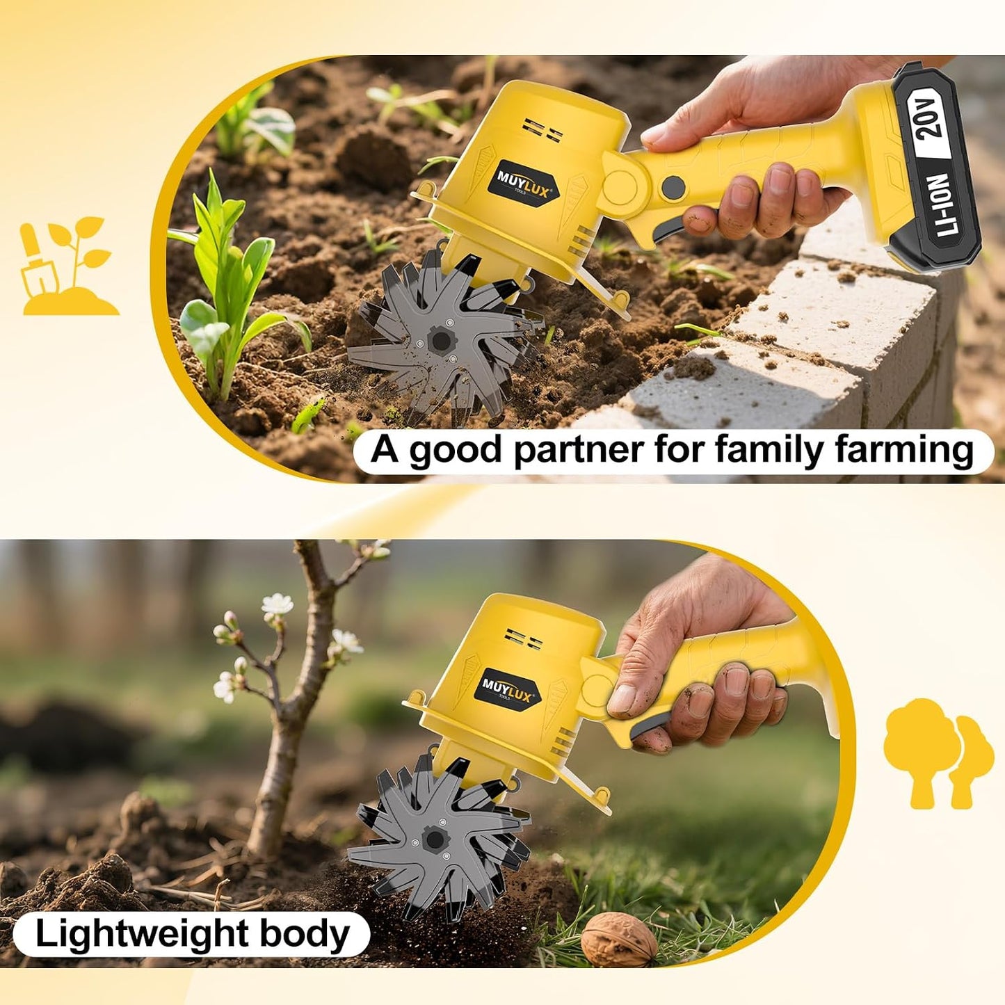20V Cordless Tiller Cultivator for Gardening, Electric Garden Tiller with Battery & Charger, Garden Rototiller for Lawn Gardening Soil Cultivation, 1 Battery