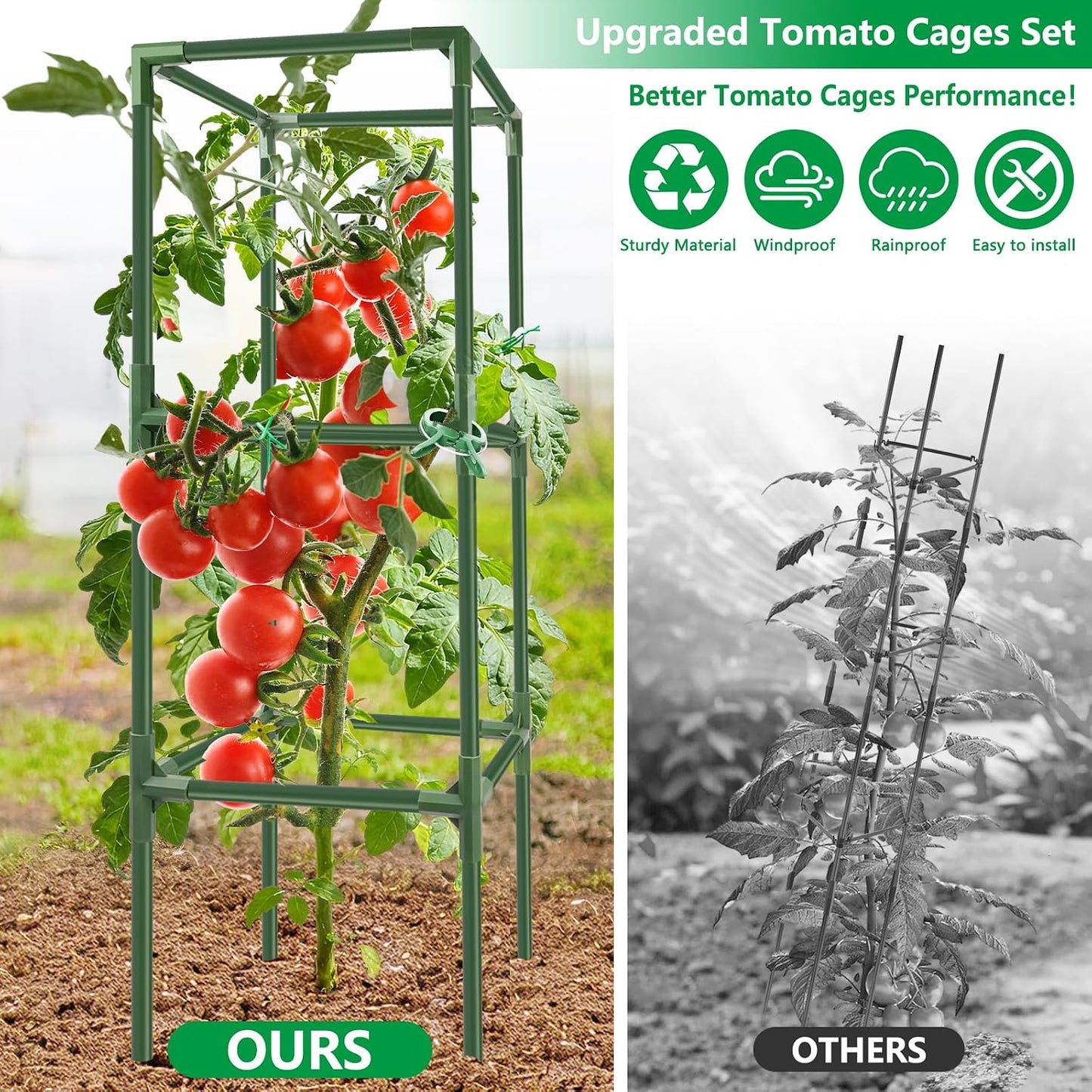 3 Pack 49" Square Tomato Cages, Heavy Duty Steel Garden Trellis Kit