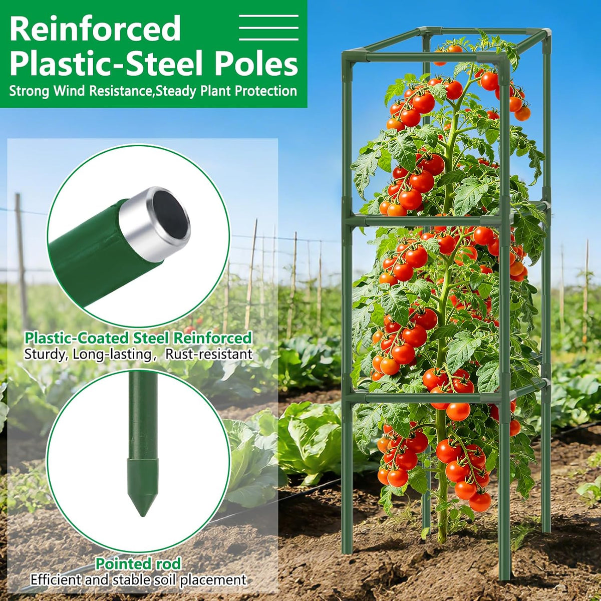 3 Pack 49" Square Tomato Cages, Heavy Duty Steel Garden Trellis Kit
