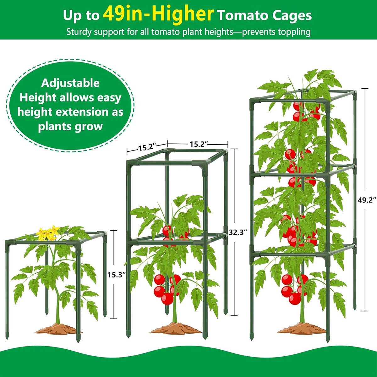 3 Pack 49" Square Tomato Cages, Heavy Duty Steel Garden Trellis Kit
