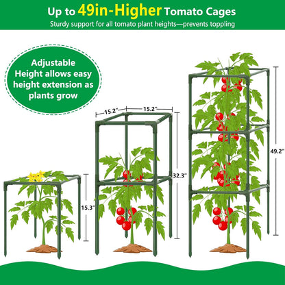 3 Pack 49" Square Tomato Cages, Heavy Duty Steel Garden Trellis Kit