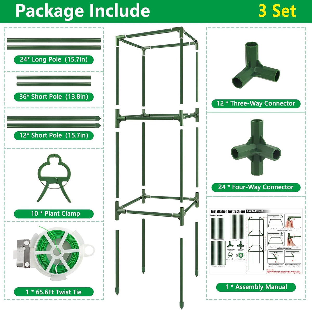 3 Pack 49" Square Tomato Cages, Heavy Duty Steel Garden Trellis Kit