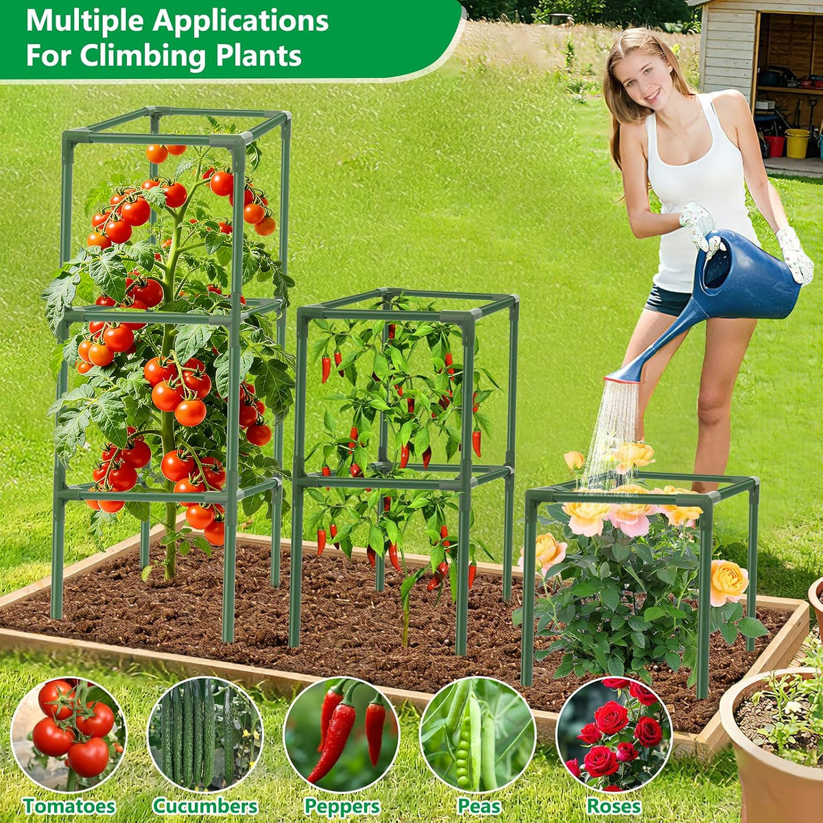 3 Pack 49" Square Tomato Cages, Heavy Duty Steel Garden Trellis Kit