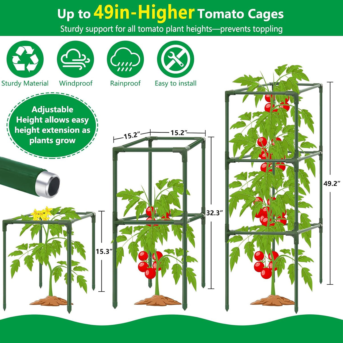3 Pack 49" Square Tomato Cages, Heavy Duty Steel Garden Trellis Kit