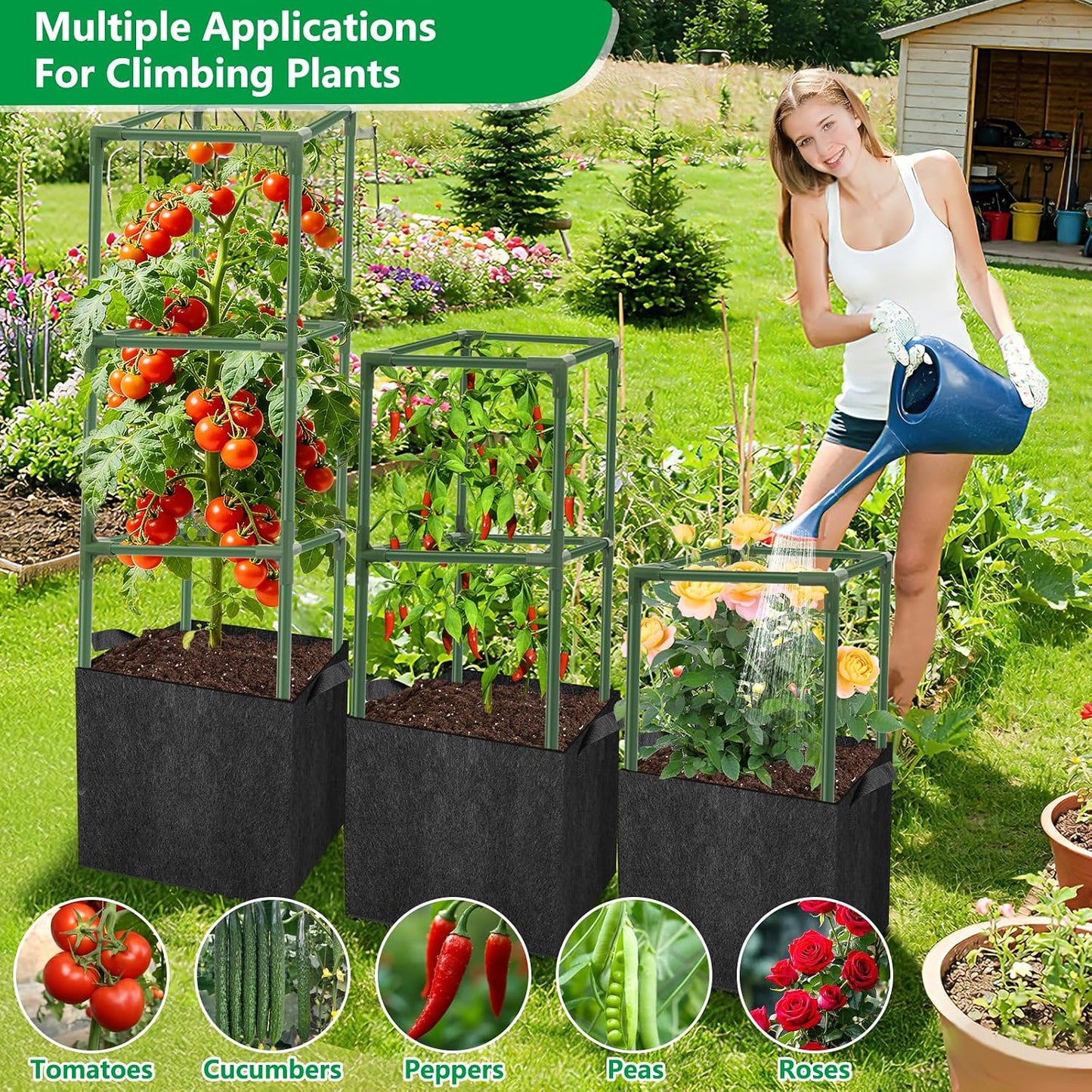 3 Pack 49" Square Tomato Cages, Heavy Duty Steel Garden Trellis Kit