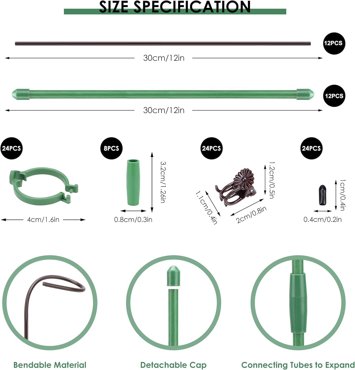 24 Pcs Adjustable Plant Support Stakes Kit for Indoor Plants, 12 Inch Orchid Sticks and Clips Set Bendable Single Stem Support Sticks, Small Plant Stakes for Garden Potted Plants Orchid Rose Peony