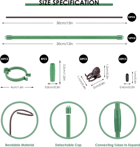 24 Pcs Adjustable Plant Support Stakes Kit for Indoor Plants, 12 Inch Orchid Sticks and Clips Set Bendable Single Stem Support Sticks, Small Plant Stakes for Garden Potted Plants Orchid Rose Peony