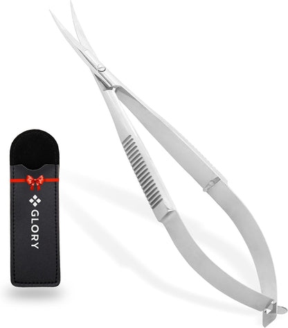 GLORY 4.5 Inch Curved Spring Scissors, Professional Stainless Steel Micro Tip Embroidery Scissors, Sharp Squeeze Snips for Sewing, Applique, Arts & Crafts, Precision Eyebrow (Silver)